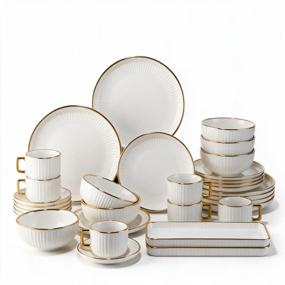 Ceramic Dinnerware Set with Gold Trim — White & Gold