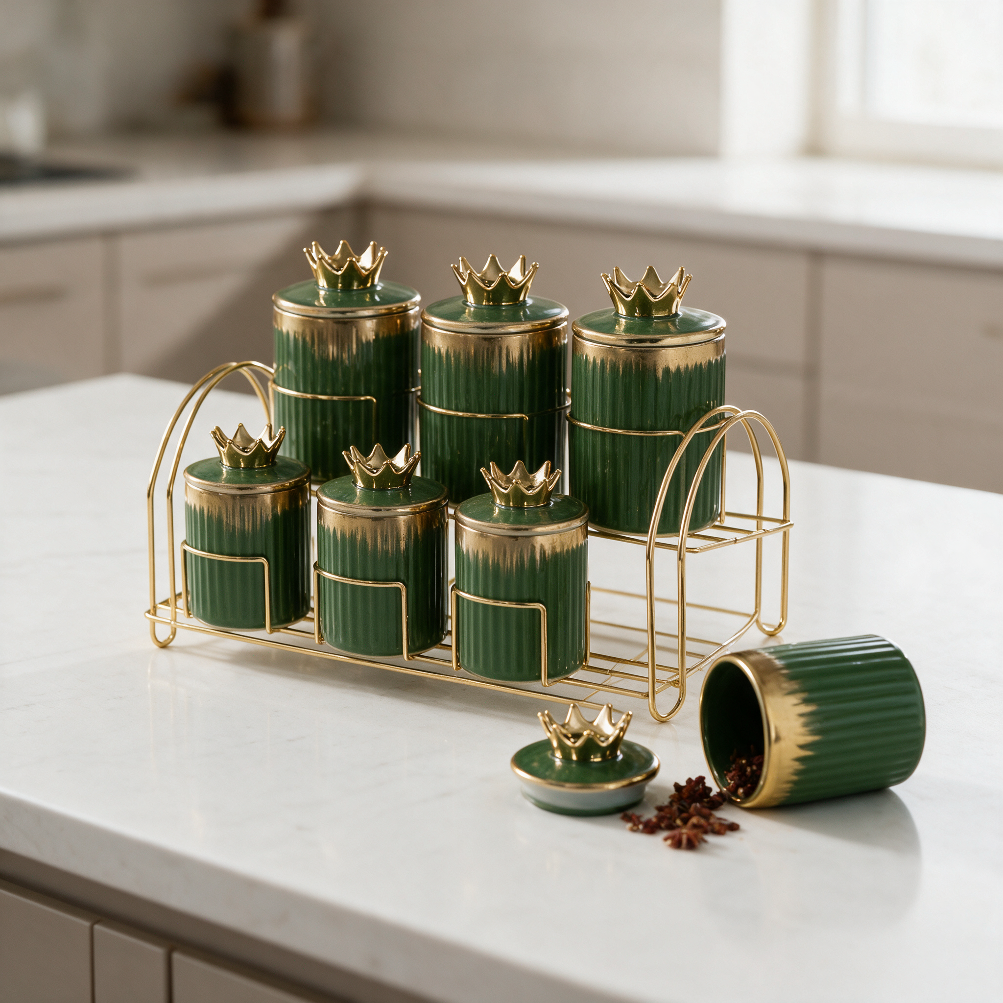 Green and gold ceramic spice jar set on a gold stand, on a kitchen worktop