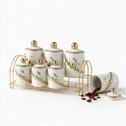Ceramic Spice and Seasoning Jar Set with Rack, White and Gold