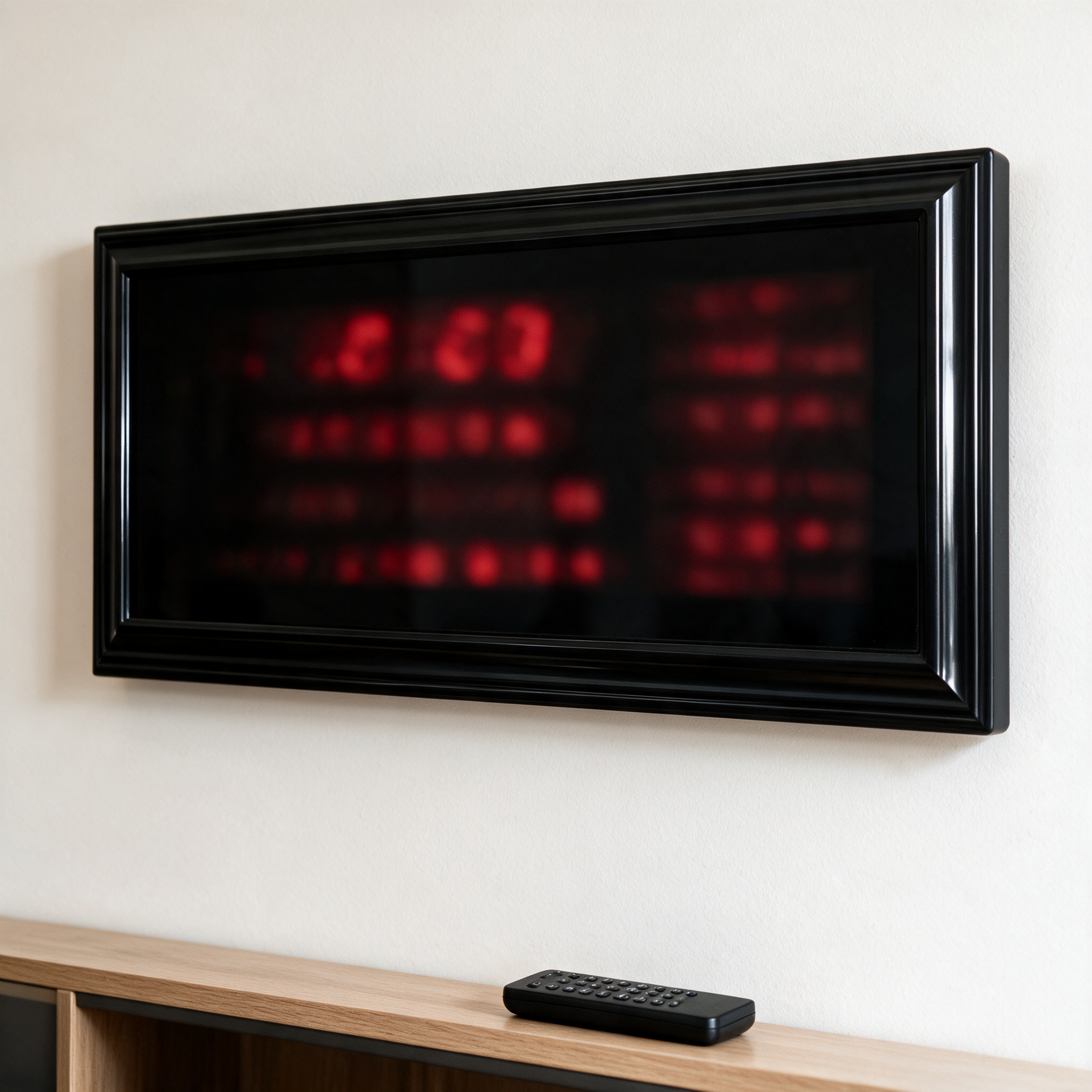 Prayer-time clock with red LED display on a wall, remote control on the console below