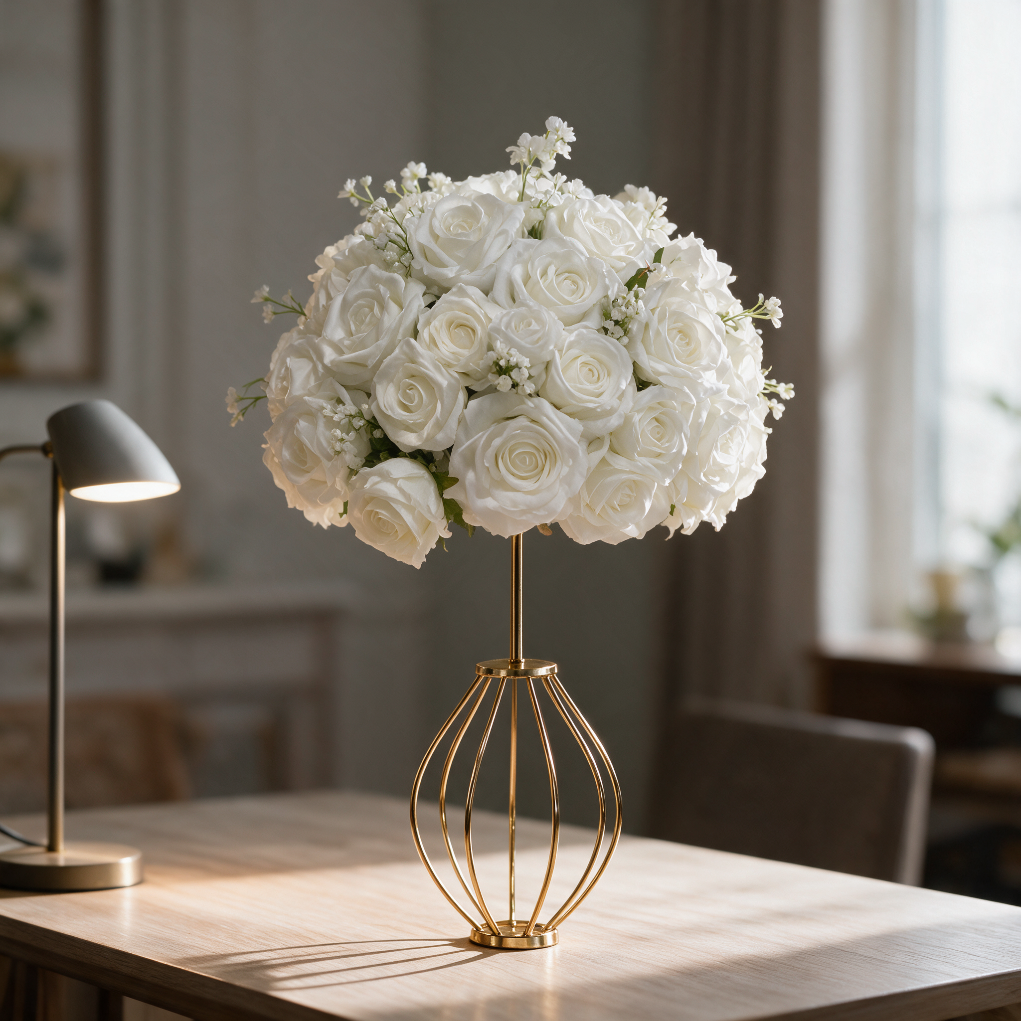 White artificial rose posy on a slim gold-tone stem above an open gold wire cage base