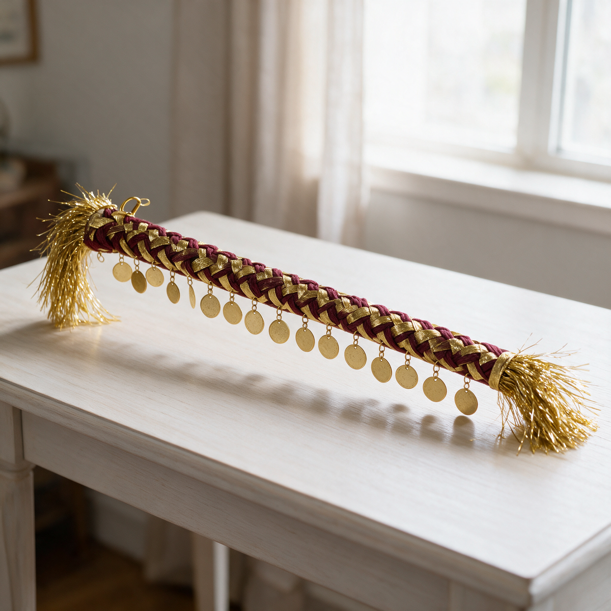 Braided burgundy and gold celebration cane with gold-tone coin discs on a white table