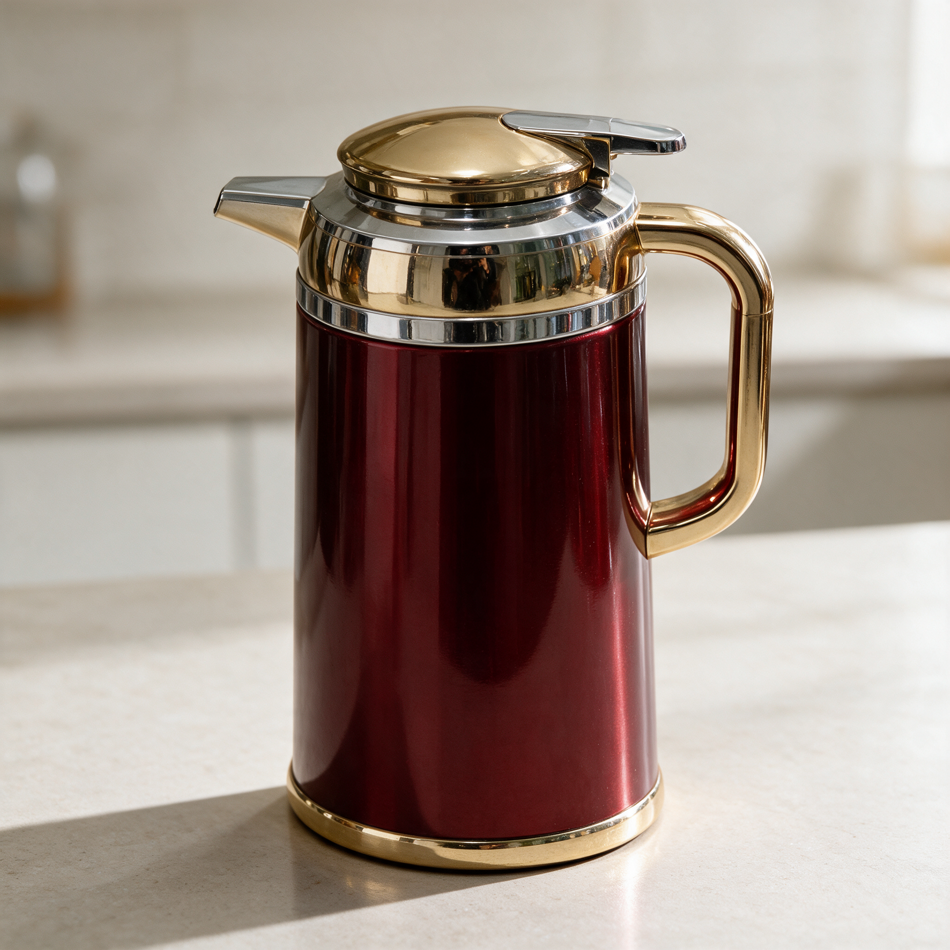 Red and gold insulated flask with lever lid, on a kitchen counter