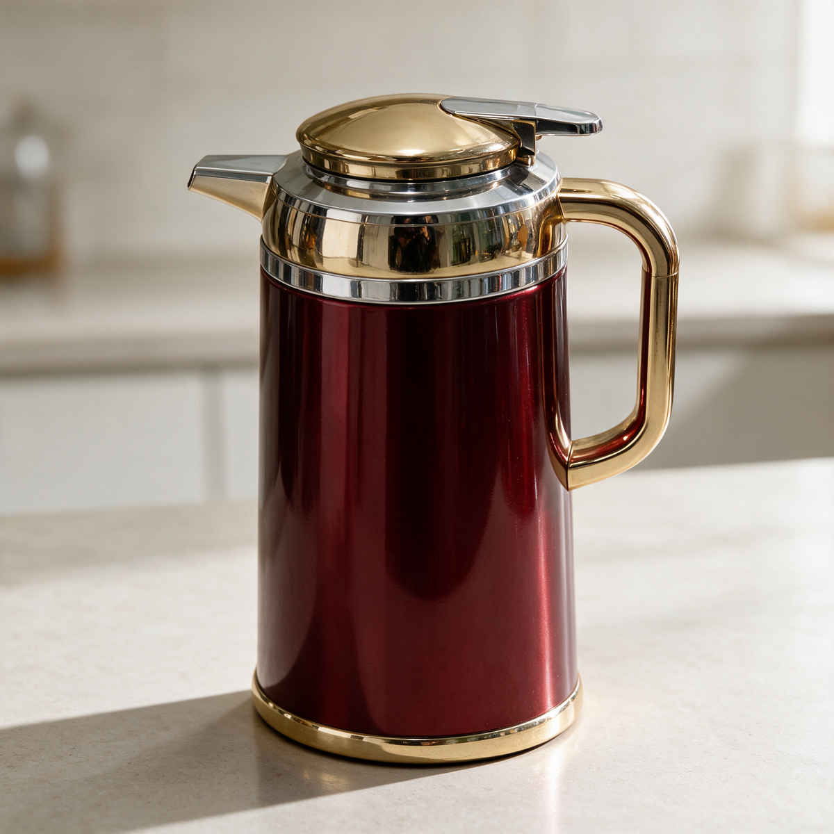 Red and gold insulated flask with lever lid, on a kitchen counter