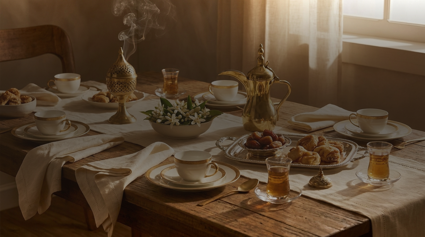 A table laid with coffee, dates and an incense burner